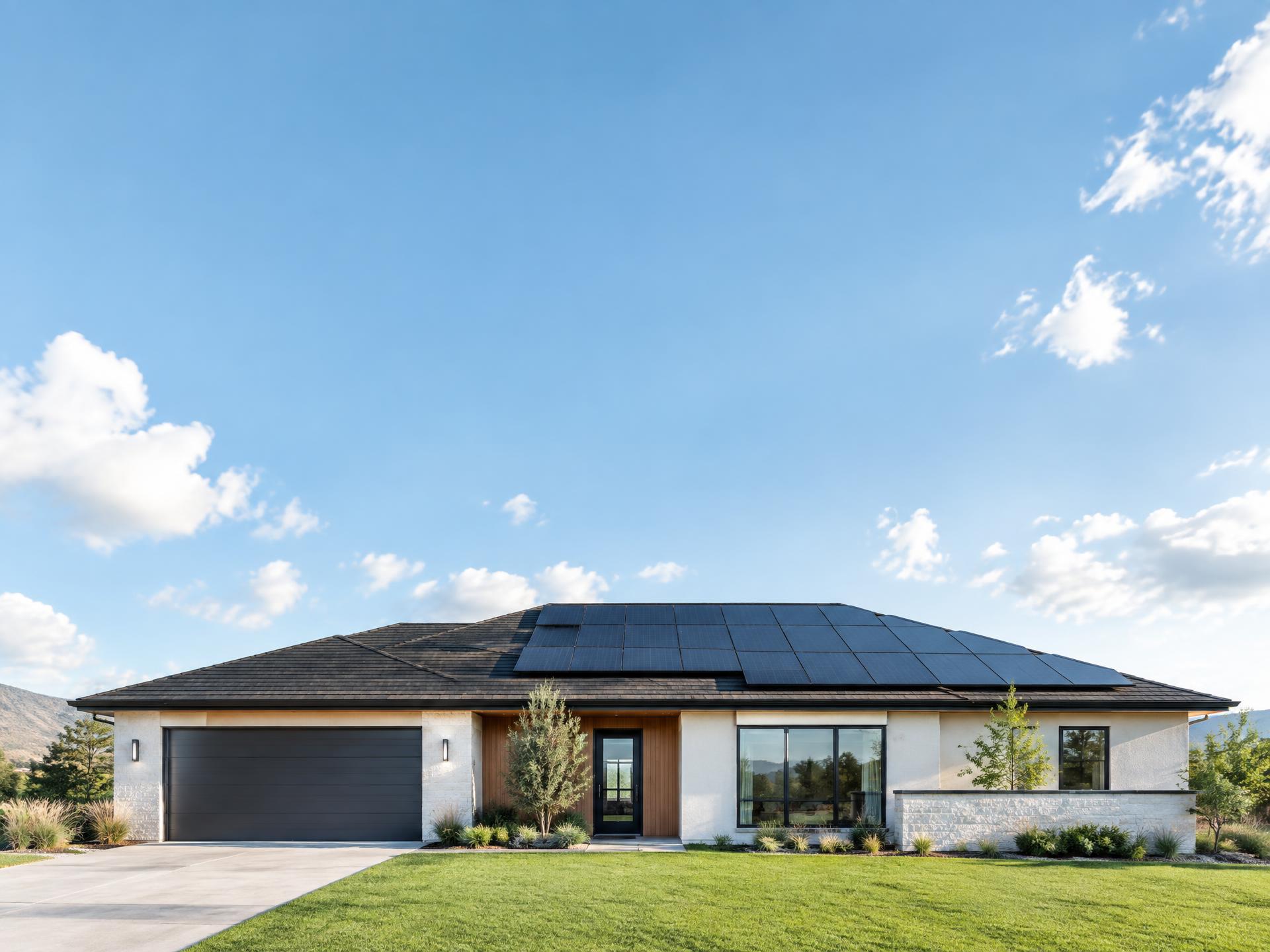 Modern home with black solar panels on the roof under a clear blue sky